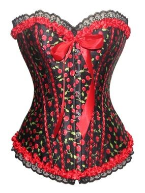 Red Cherry Print Satin Corset Top - Women Intimates